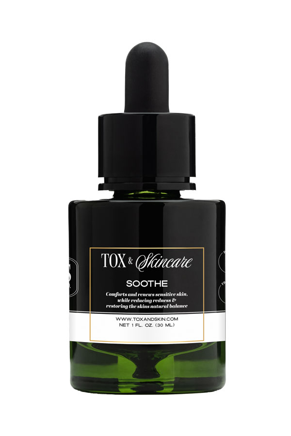 Tox & Skincare Soothing Serum in a green bottle with dropper, 1 fl. oz (30 ml).