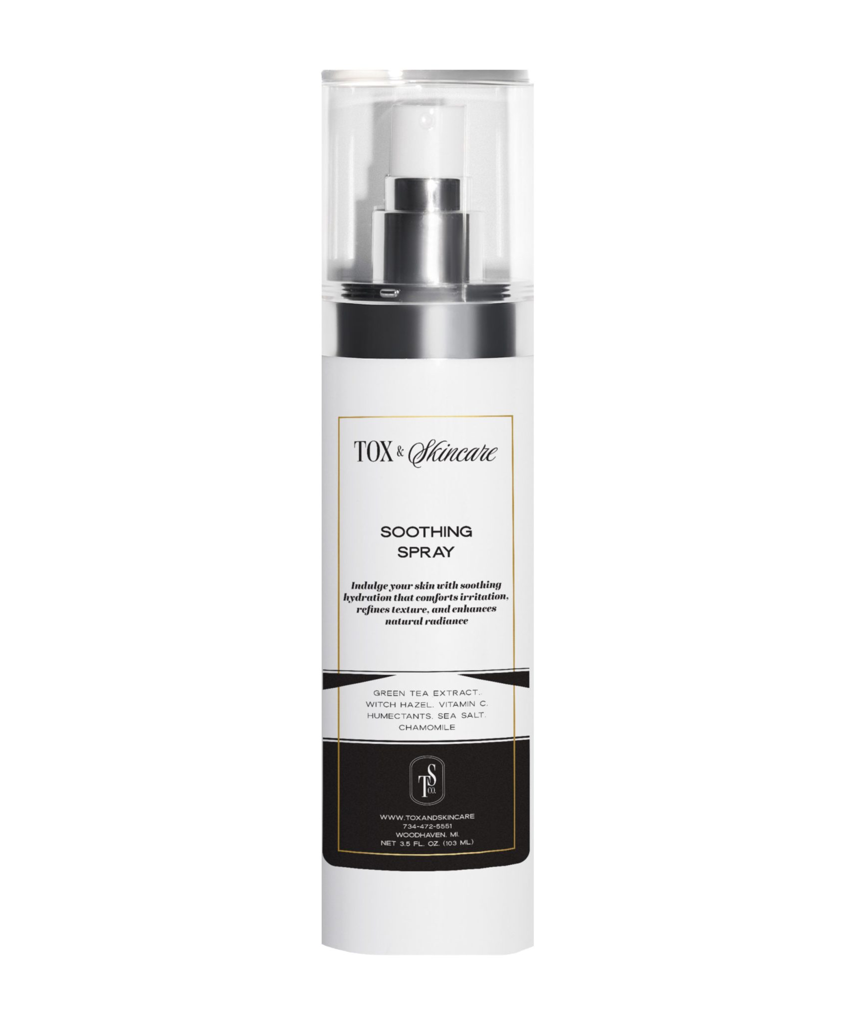 TOX & Skincare Soothing Spray bottle with green tea extract, witch hazel, and chamomile ingredients.