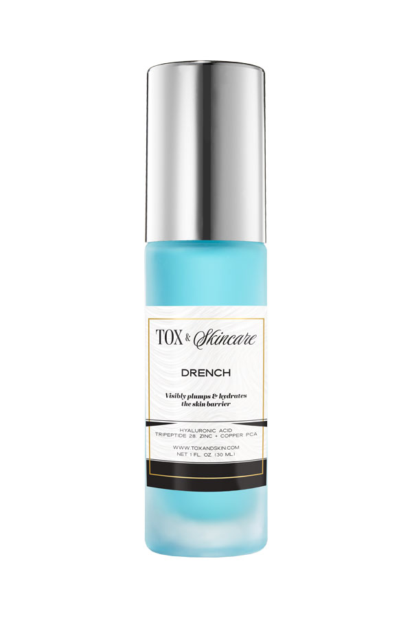 TOX & Skincare Drench serum bottle with silver cap, for plump and hydrated skin.