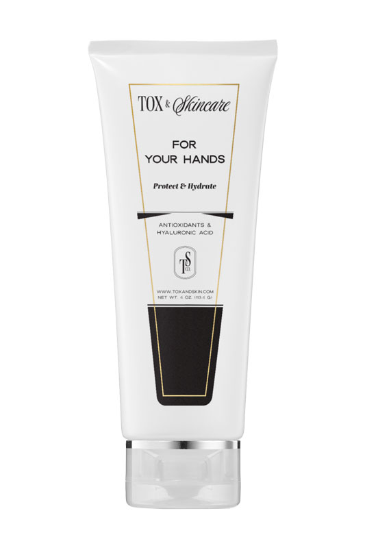 Tox & Skincare hand cream tube with antioxidants and hyaluronic acid for hydration and protection.
