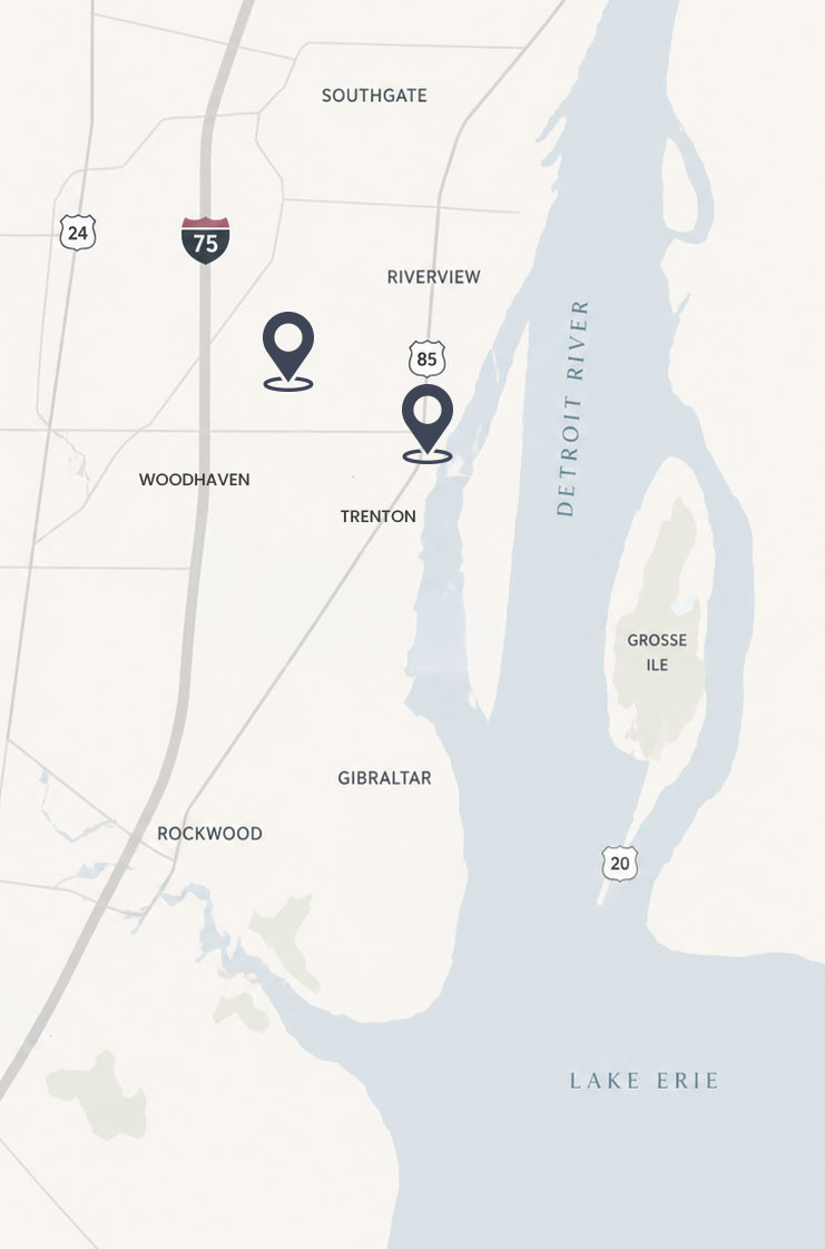 Map showing locations near Trenton, Michigan, along Detroit River and Lake Erie.