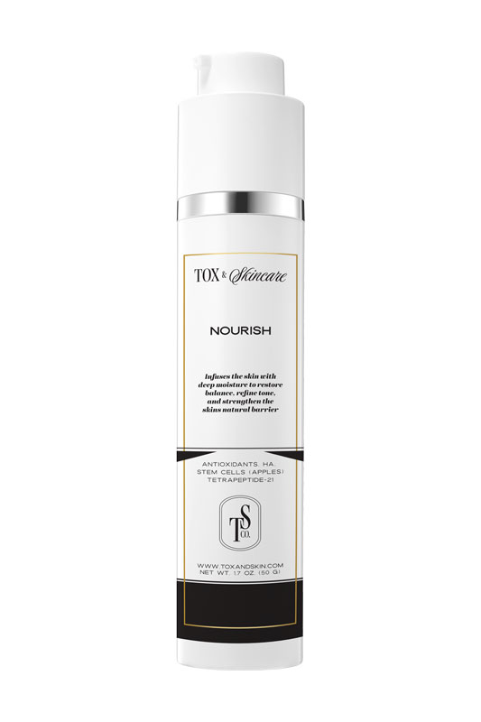 TOX Skincare Nourish bottle with antioxidants, stem cells, and tetrapeptide-21 for skin hydration and balance.