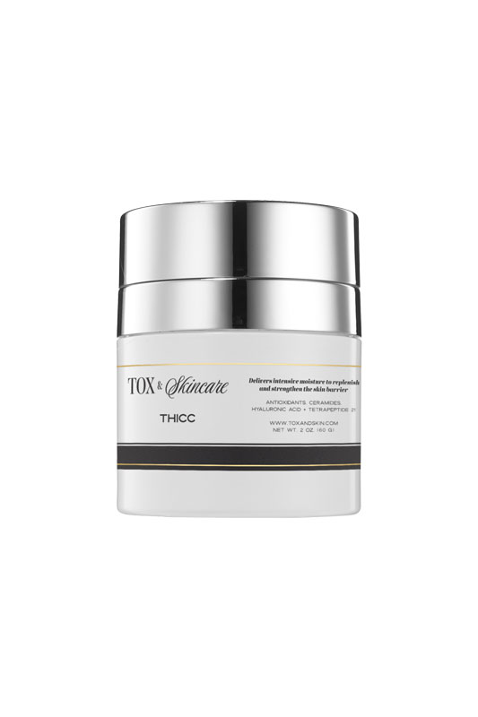 TOX Skincare Thicc moisturizer jar with silver lid for intense hydration.