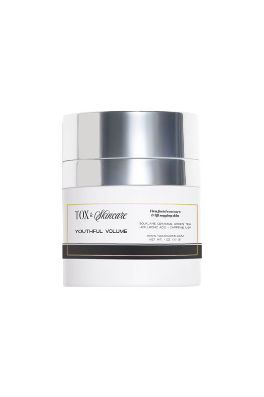 Tox & Skincare Youthful Volume cream jar with silver lid, ideal for firming facial contours and hydrating skin.