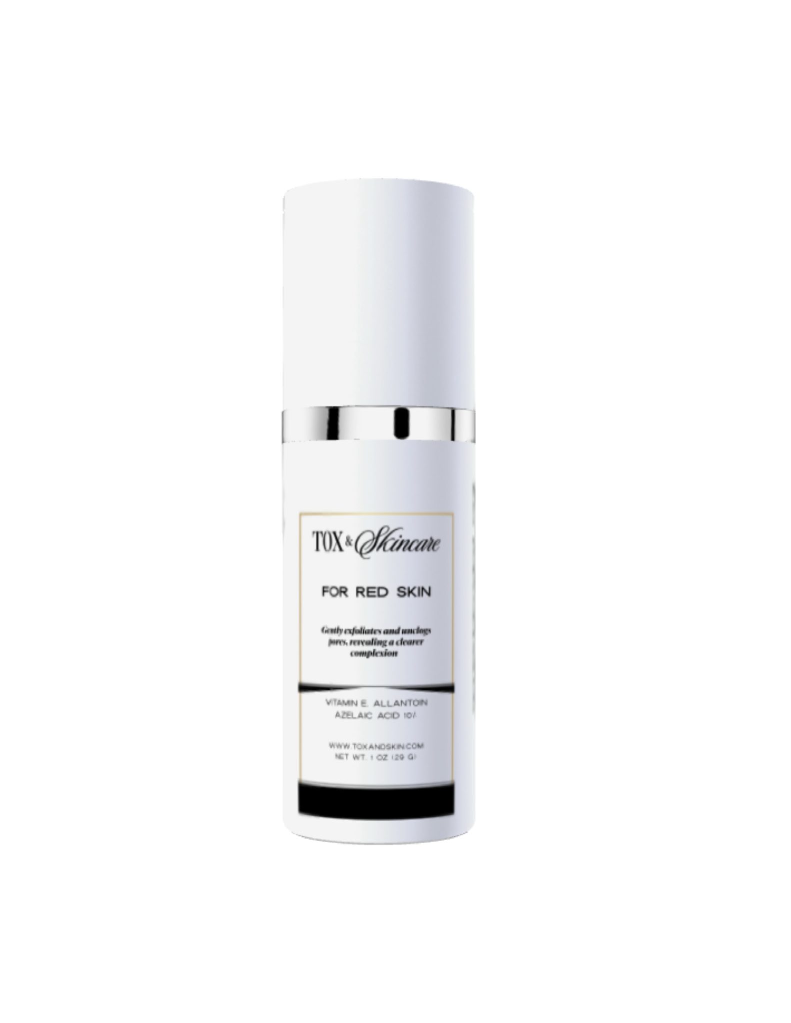 Skincare cream bottle labeled TOX Skincare For Red Skin with Vitamin E and Azelaic Acid 10%.