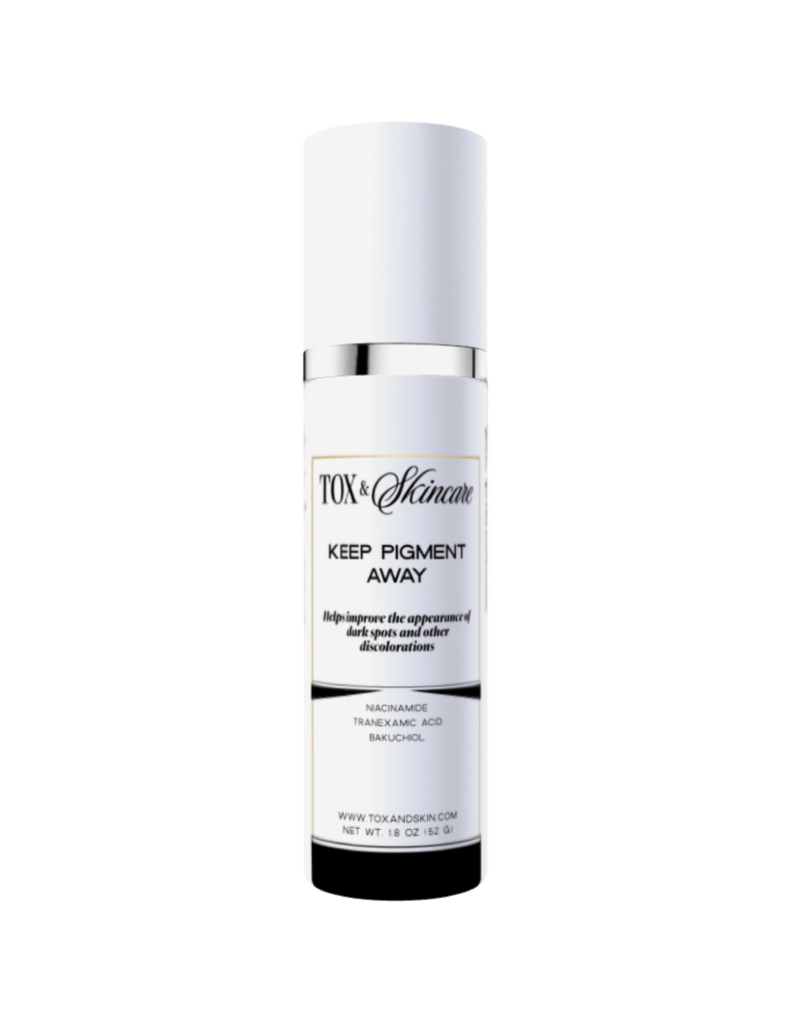 Tox & Skincare Keep Pigment Away serum bottle, 1.8 oz, with niacinamide, tranexamic acid, and bakuchiol.
