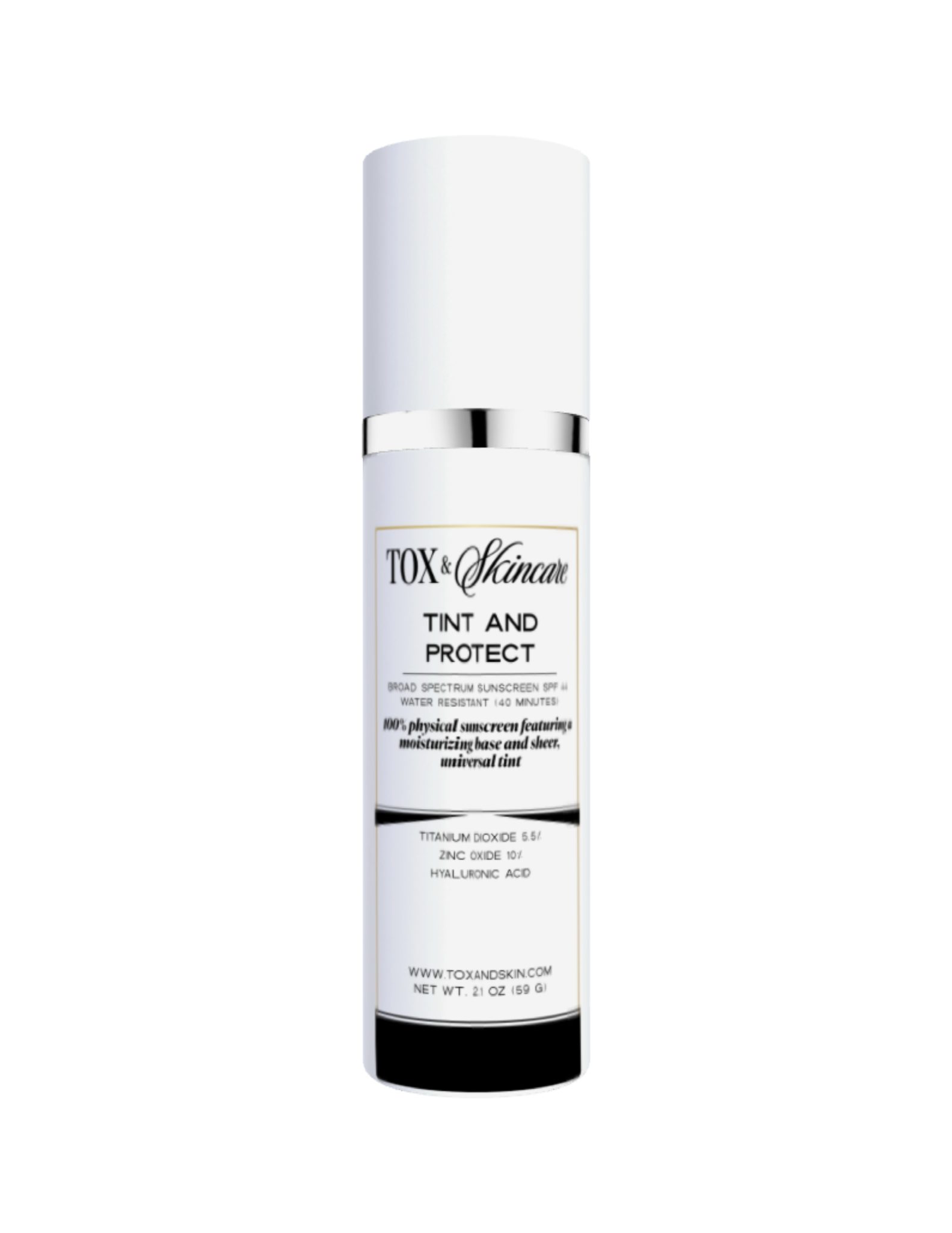 TOX & Skincare Tint and Protect sunscreen bottle with universal tint formula.
