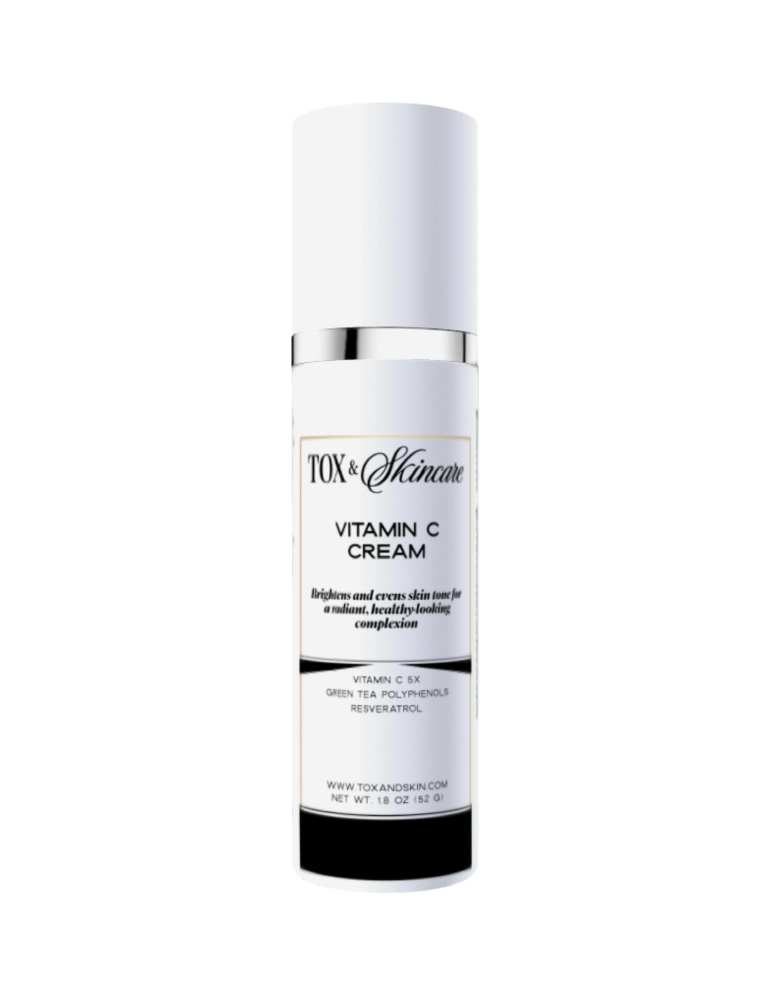 TOX & Skincare Vitamin C Cream for radiant, even skin tone with green tea and resveratrol, 1.8 oz bottle.